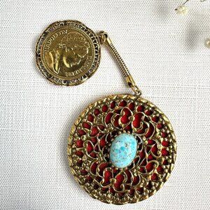 Gold Tone Filigree Pocket Mirror Blue Cabochons